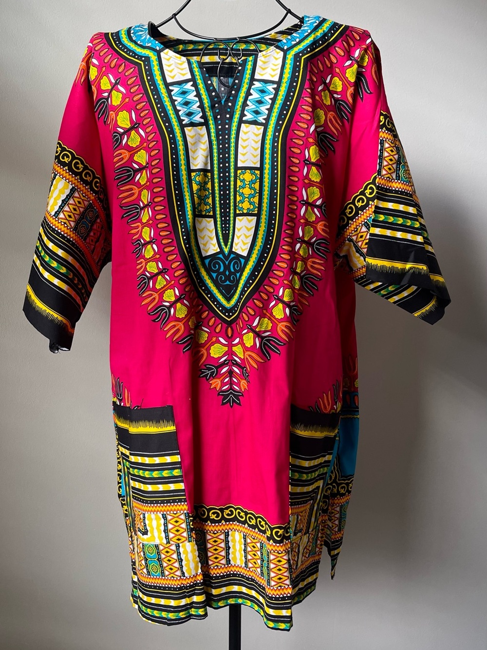 Vibrant Pink Dashiki-Inspired Women's Dress